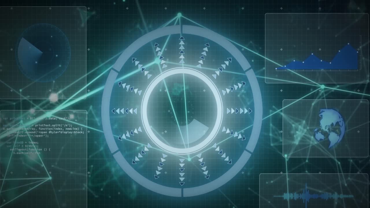 검은 바탕에 연결 네트워크와 함께 데이터 처리의 애니메이션