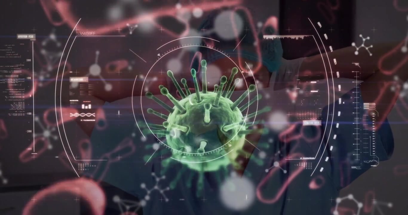 Animation of data processing and virus cells over female doctor