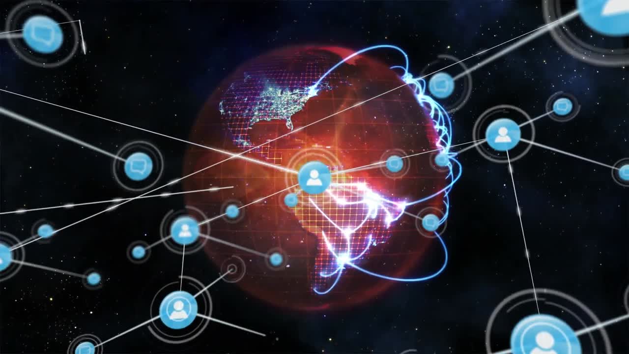 animación de iconos conectados con líneas sobre líneas en el globo contra el espacio en el fondo