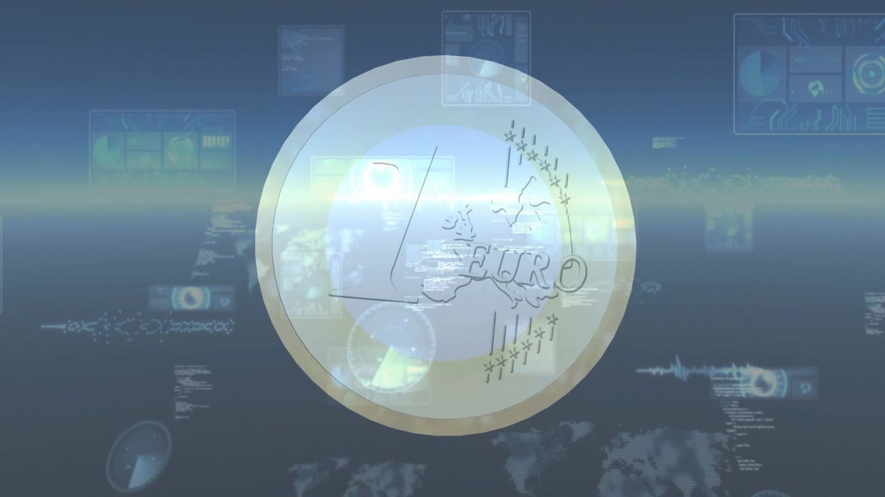 Moneta da gioco che gira rivelando "1" ed "EURO", mentre i pannelli HUD si spostano mostrando la finanza globale.