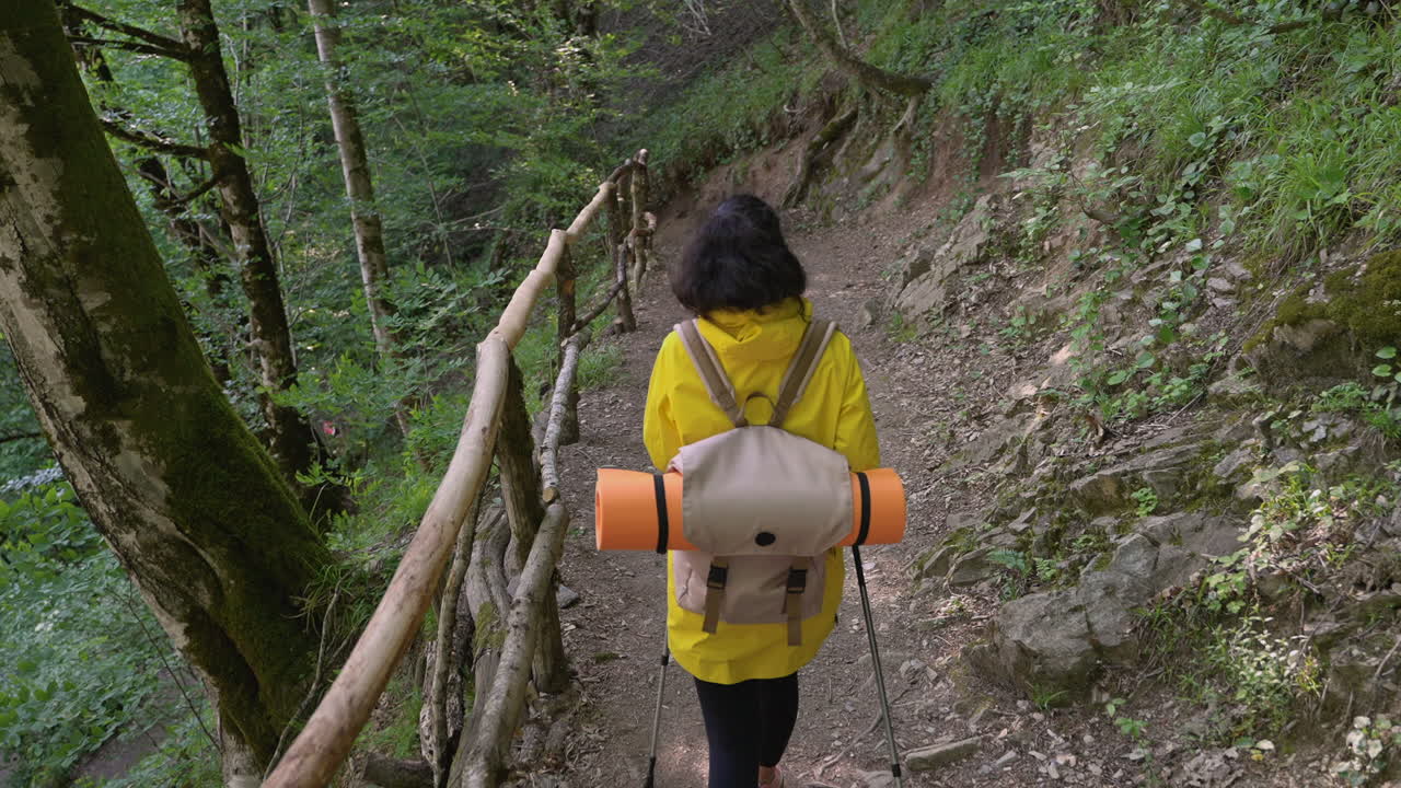 mujer caminando por un sendero del bosque