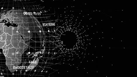animación del globo con conexiones y coordenadas sobre el espacio digital negro