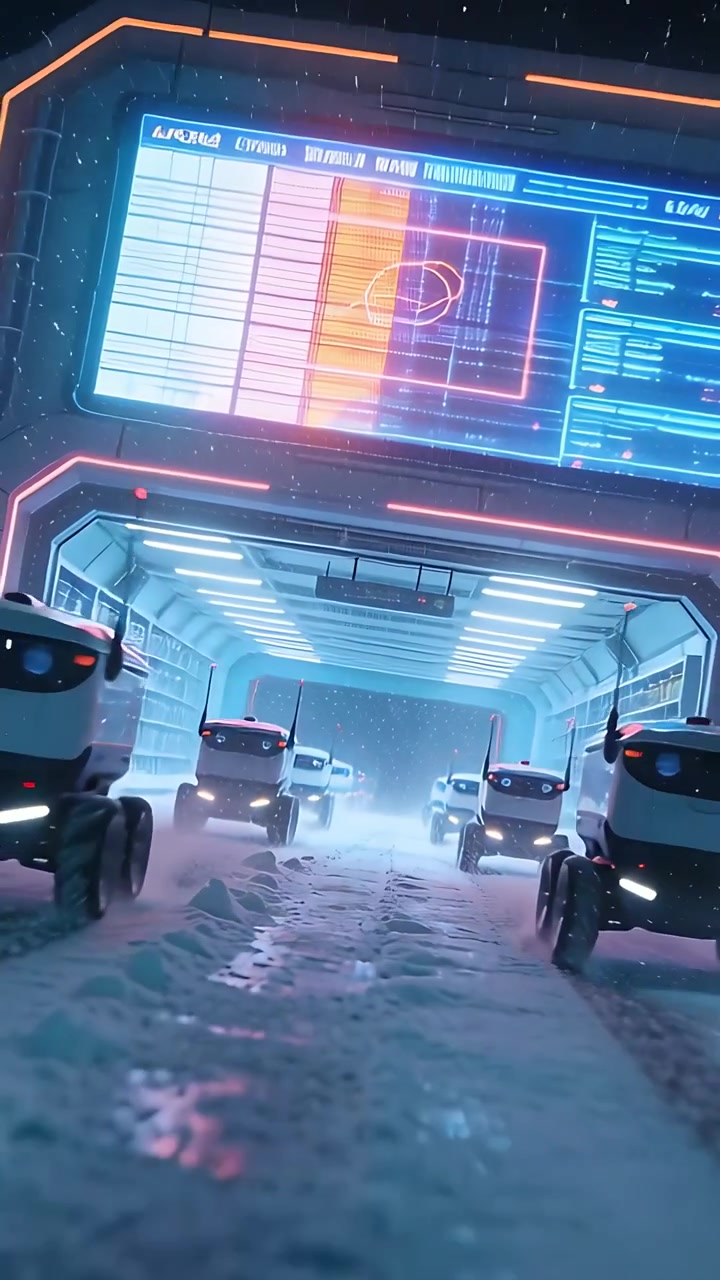 Vertical video: Moving convoy of pods rolling down transit bay, neon display activating for patrol