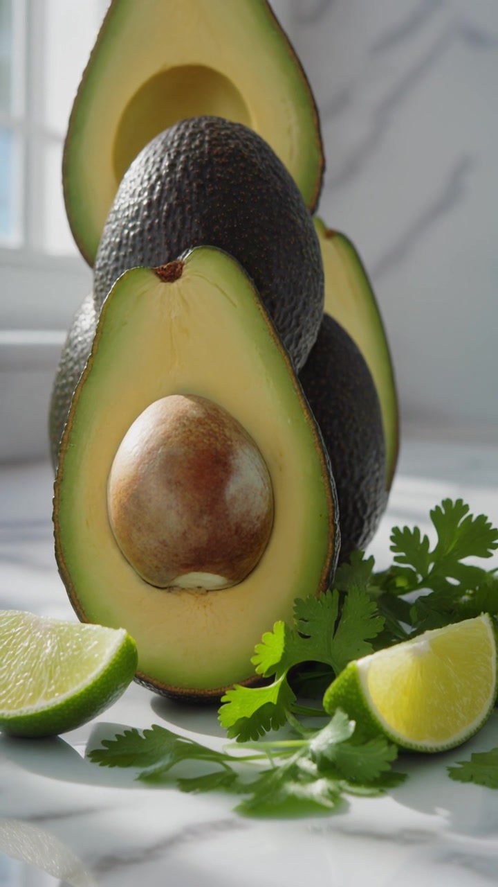 Avocado freschi e spicchi di lime su una superficie di marmo