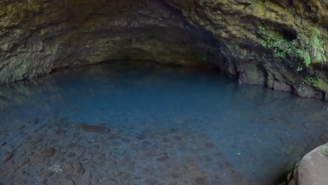 Grutas-De-Mara&#39;a-En-Tahití,-Polinesia-Francesa:-Una-Lenta-Panorámica-De-La-Cueva-Ana-vai-poiri,-La-Selva-Y-Los-árboles.