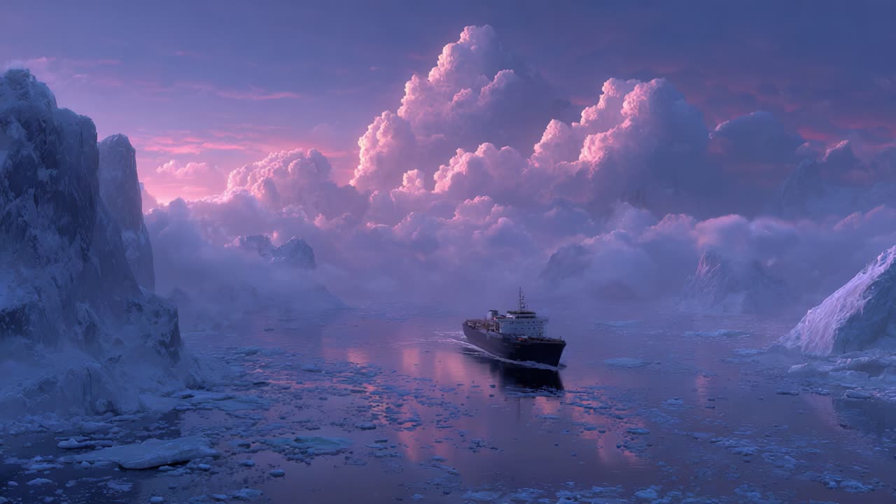 A Majestic Iceberg Voyage at Dusk: A Ship Navigates Through Frigid Waters Under a Beautifully Colored Sky Filled with Clouds