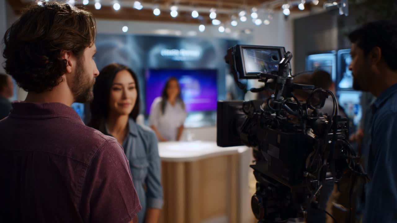 Behind the Scenes: A Filming Session Showcasing Engaging Interaction Among Crew, Cameras, and Presenters in a Modern Studio Setting with Advanced Visual Displays and Dynamic Lighting