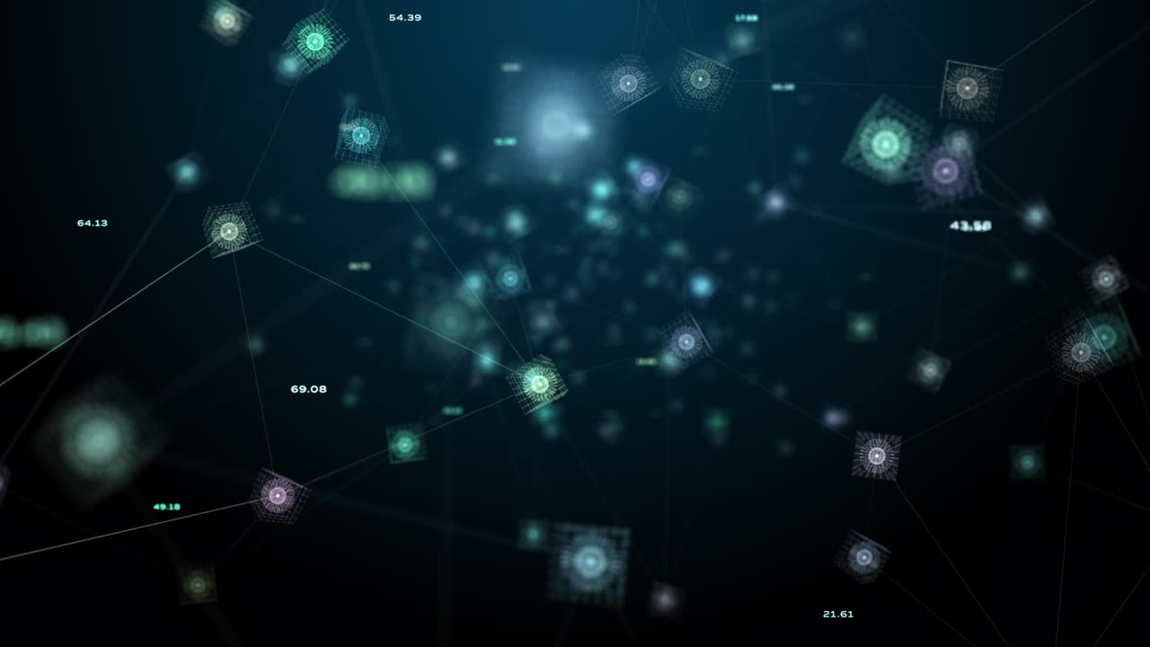 Cyberspazio digitale, rete di dati digitali e connessioni Blockchain. Concetto di sfondo per connessioni digitali di Big Data e tecnologia di rete globale. Animazione in loop 4k.