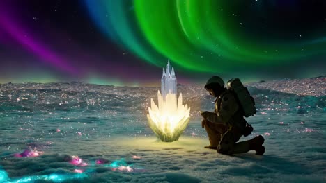 astronaut discovers a glowing crystal structure on an ice planet under a northern lights aurora