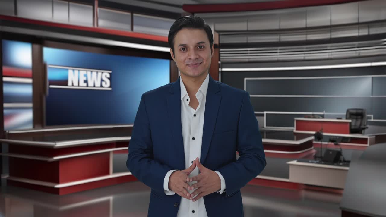 Giornalista indiano felice che sorride alla telecamera.