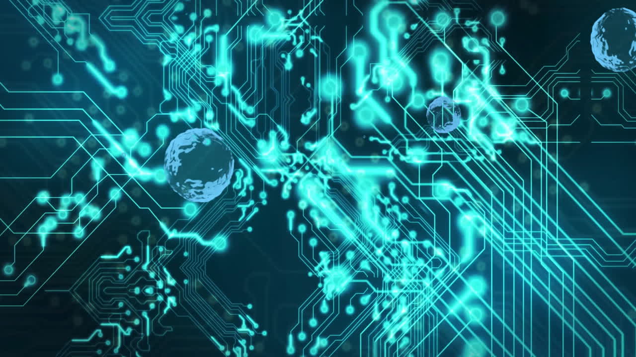 컴퓨터 회로판을 통해 디지털 데이터 처리의 애니메이션