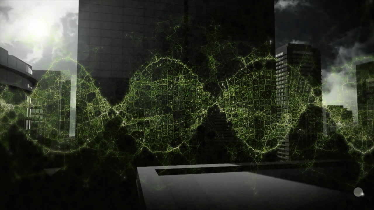 Green DNA strand animation over urban cityscape with modern buildings
