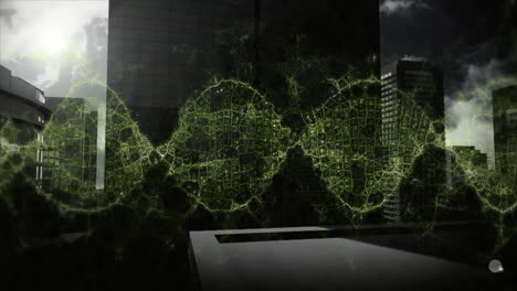green dna strand animation over urban cityscape with modern buildings