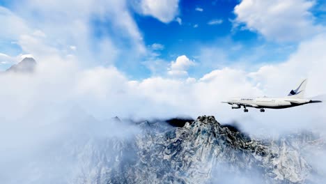 avión volando en el cielo, avión volando lejos, plano volando sobre montañas y nubes