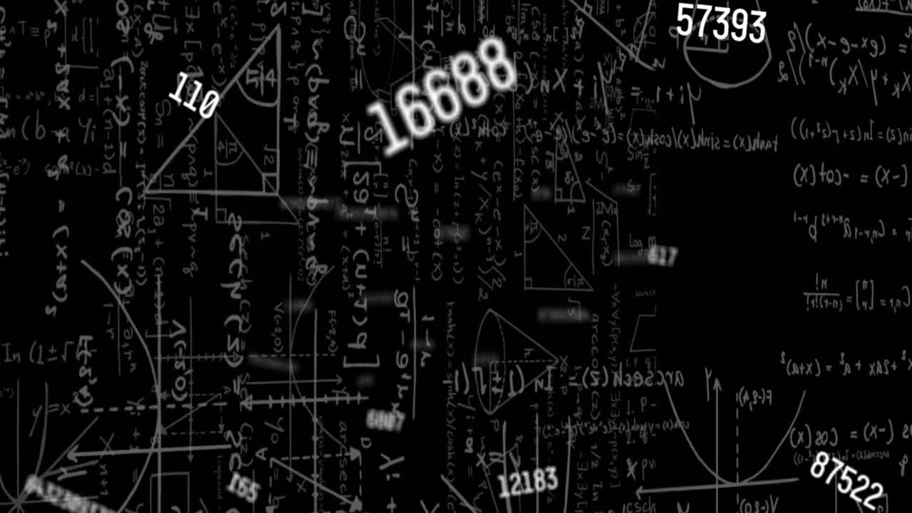 Animation of mathematical equations and numbers on black background