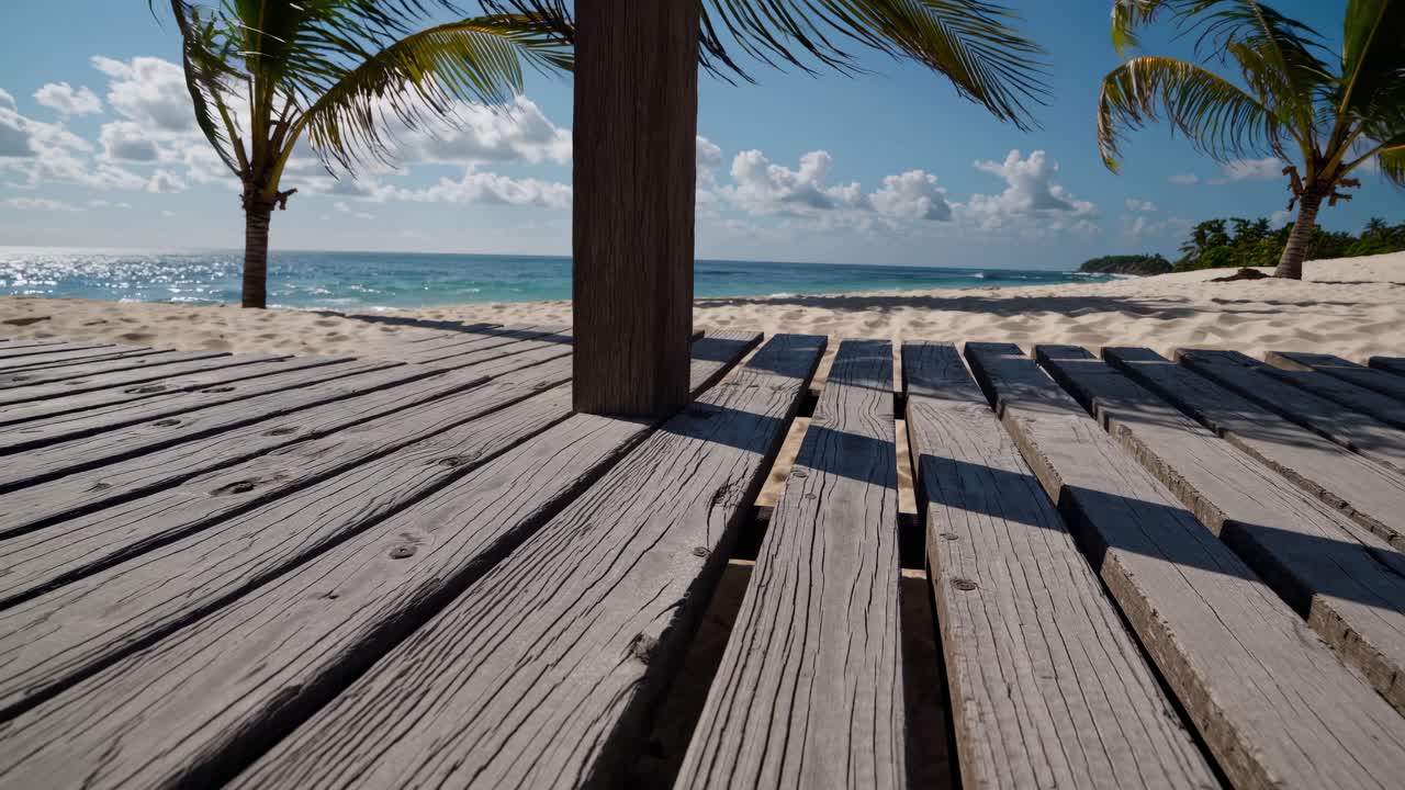 Low-angle video shot of a serene beach with wooden deck, palm trees, and ocean waves under a bright
