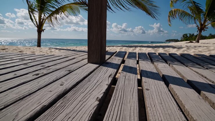 Low-angle video shot of a serene beach with wooden deck, palm trees, and ocean waves under a bright
