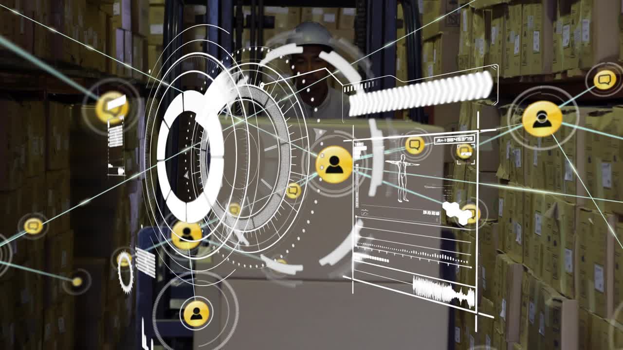 Animation of data processing and network of icons over male worker operating forklift at warehouse