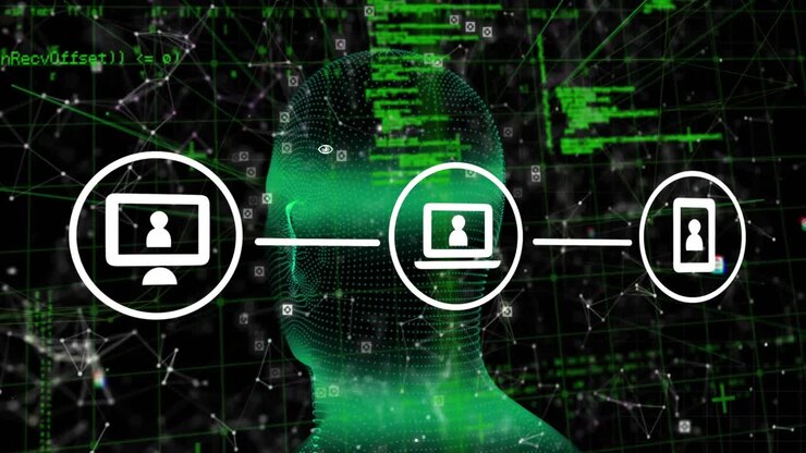 Animation of computer, laptop, phone forming flow chart, human face, connected dots over coding