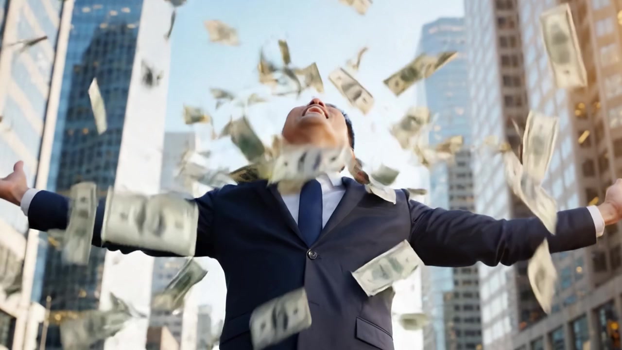 Dinamico uomo d'affari celebra il successo finanziario con denaro in mano, sorridendo in un contesto di paesaggio urbano, riflettendo trionfo professionale e ricchezza.