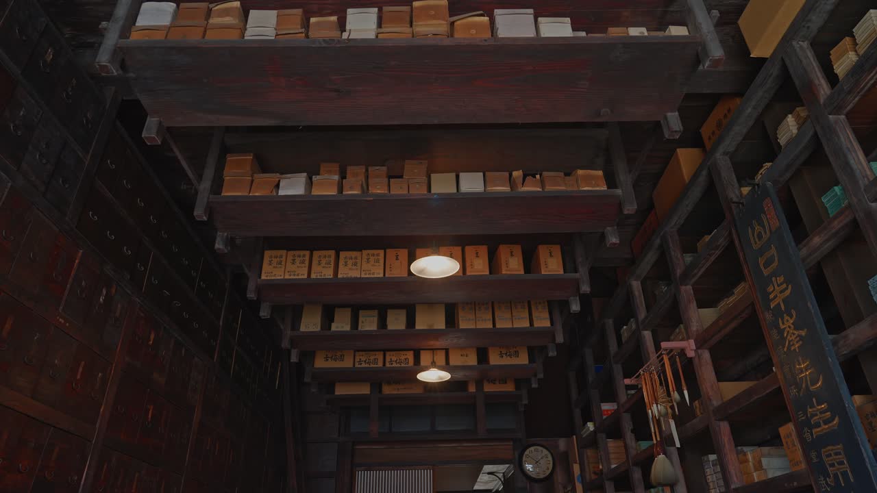 A comprehensive wide shot showcasing the interior of a Meiji-era stationery store, featuring high wooden shelves, hanging calligraphy brushes, and antique merchandise displays at Edo-Tokyo Open Air Ar