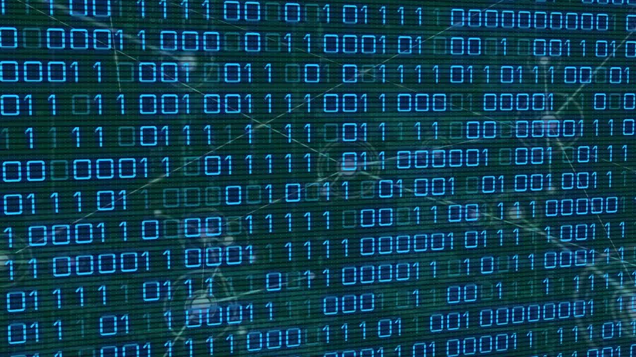 Animation of data processing and network of connections over black background