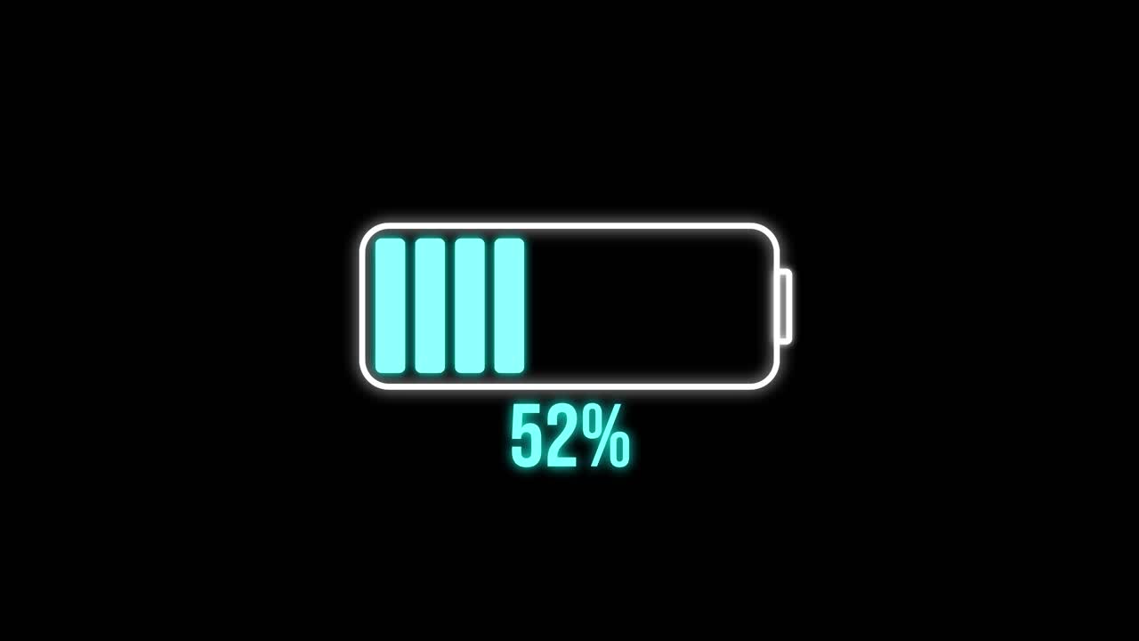 Animation showing a battery icon filling from 0% to 100% on a black background with smooth transitions