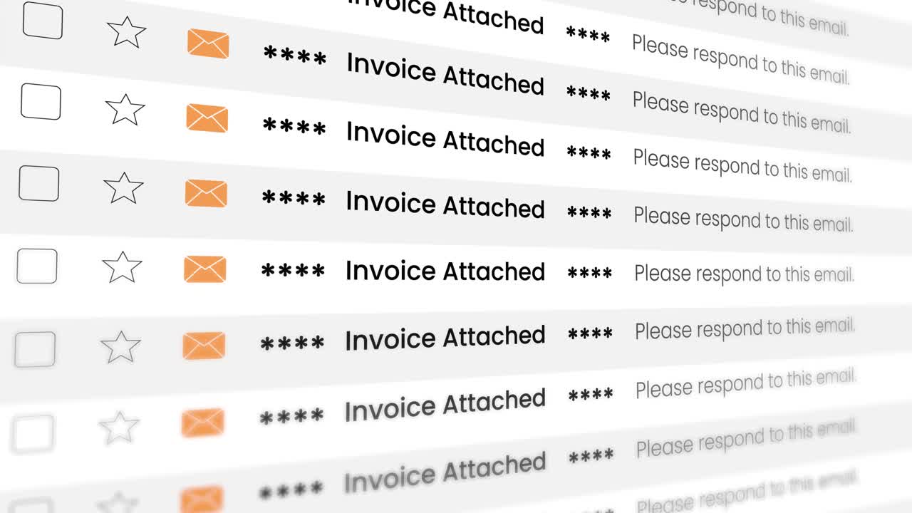 Email inbox showing multiple 'Invoice Attached' messages