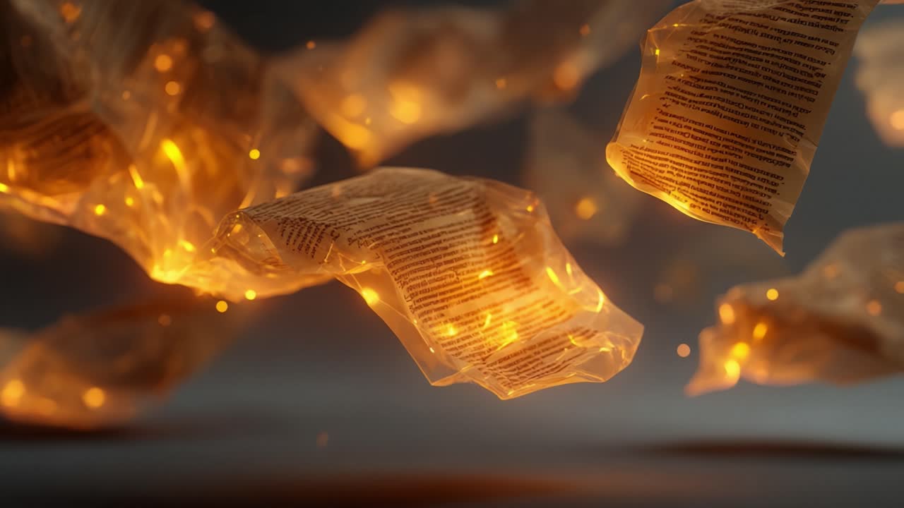 Levitating plastic bags with instructional leaflets inside floating and glowing with magical warm lights. Mysterious parcels moving slowly in a dimly lit, atmospheric environment