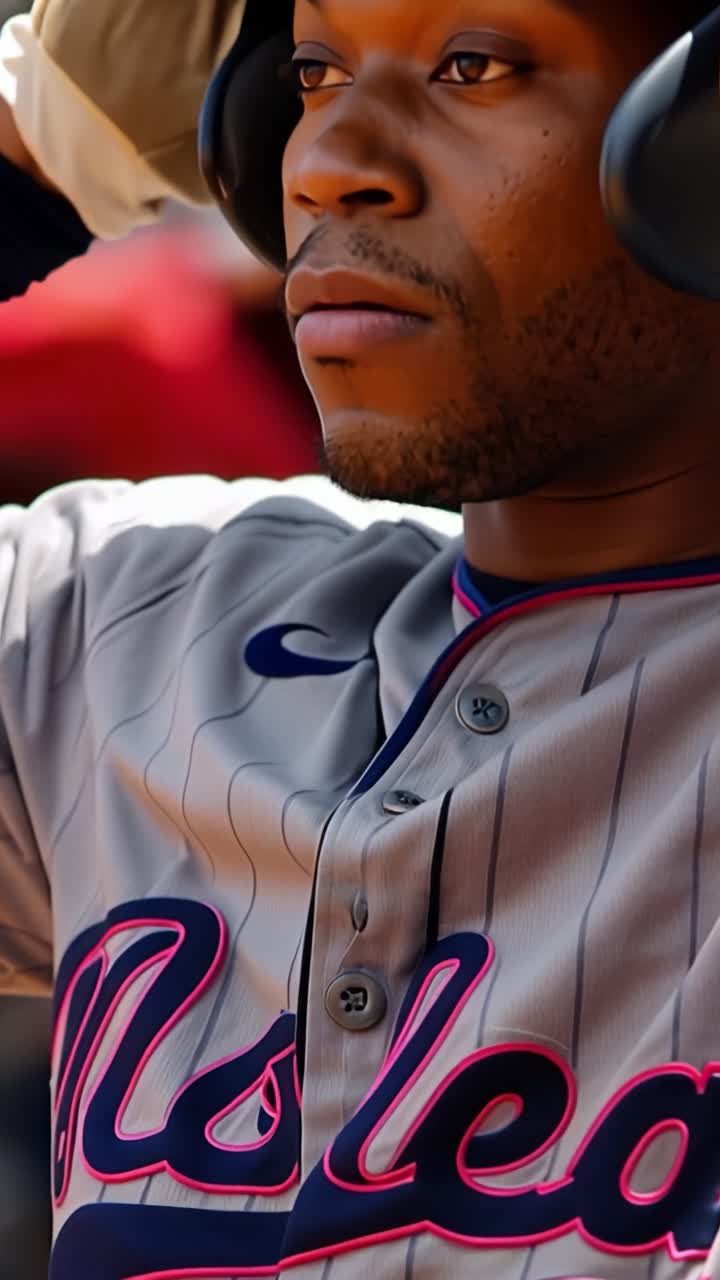 Primo piano di un giocatore di baseball che tiene il casco. Indossa una maglia a righe, guanti e ha gli occhi concentrati. La sua mano afferra il casco, suggerendo preparazione o una pausa. Il giocatore appare calmo.