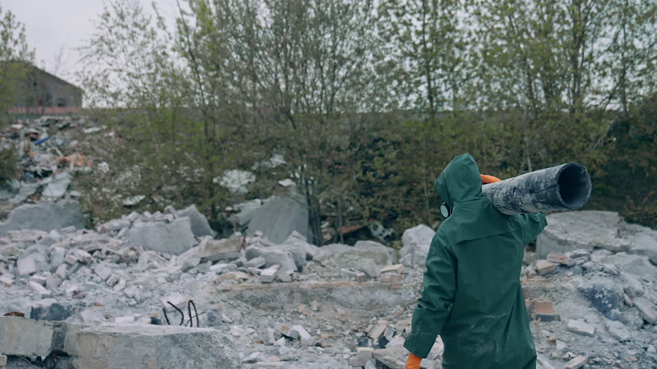 Ecologist in safety suit holding destroyed tube and putting it into the ground on ruined building background. Person in gas mask and protective clothes stands in dangerous place after chemical attack