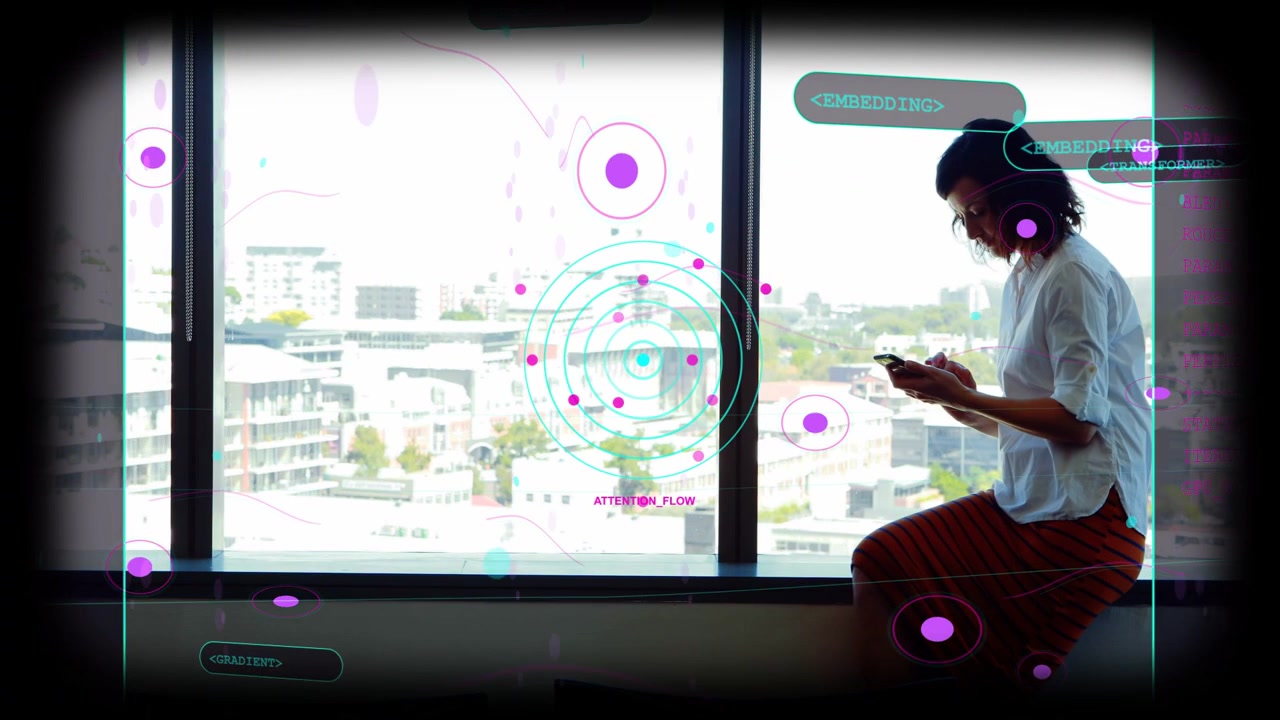 Vertical video: Woman sitting on ledge reaching phone, tapping HUD tech on glass and checking data