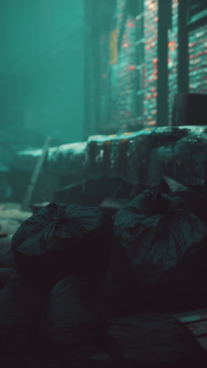 callejón oscuro con montones de bolsas de basura