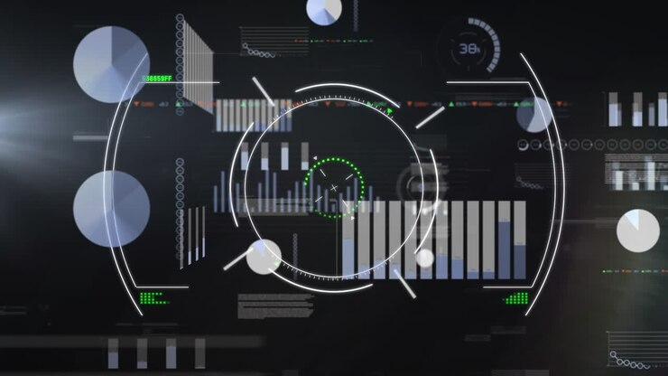 Digital animation of scope scanning over multiple screens with data processing on black background