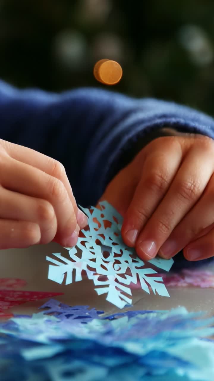 Creative Crafting: Hands Engaged in Crafting Beautiful Snowflake Decorations with Vibrant Paper Designs in a Cozy Atmosphere Promoting Joyous Winter Activities and Celebrations