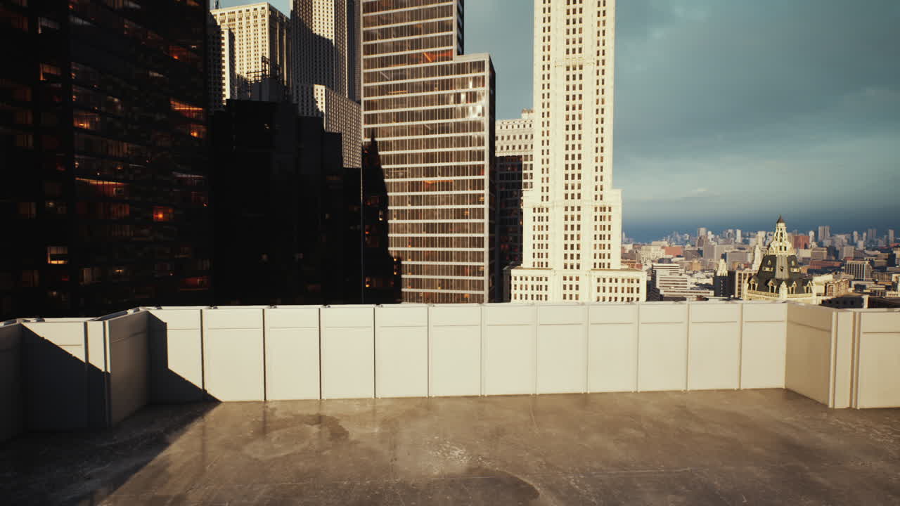 Rooftop view overlooking a city skyline with modern skyscrapers and clouds