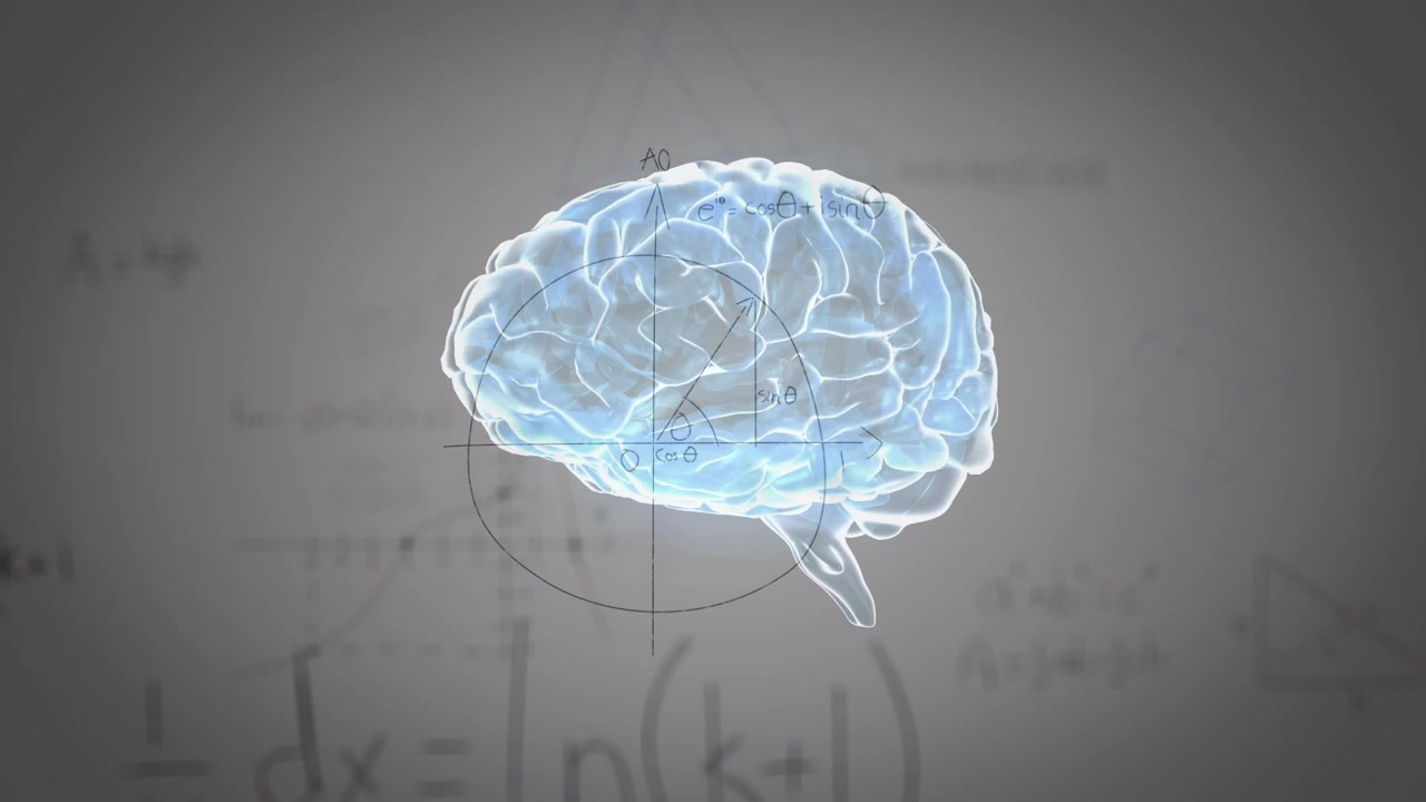 Animación de cerebro giratorio y fórmulas matemáticas sobre fondo gris