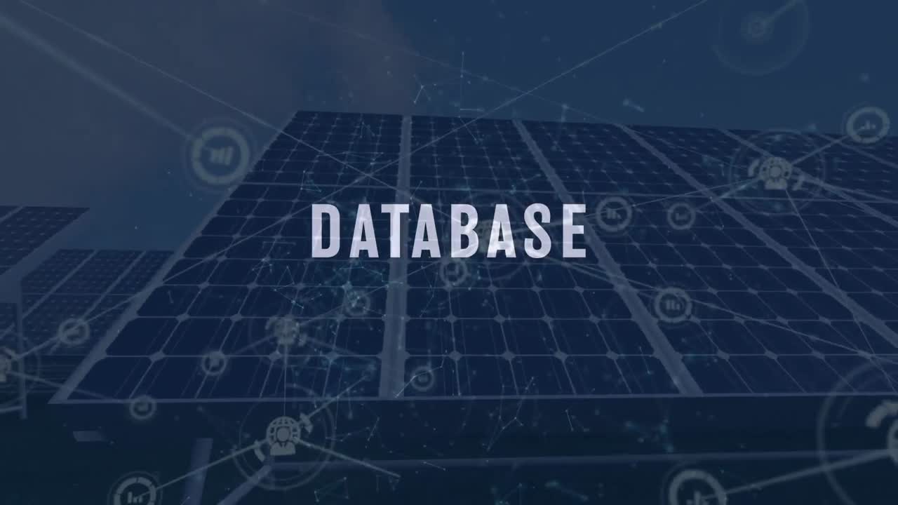 Animation of database text, connected dots and icons over solar panels and windmills against sky