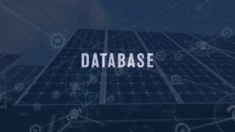 Animación-De-Texto-De-Base-De-Datos,-Puntos-Conectados-E-íconos-Sobre-Paneles-Solares-Y-Molinos-De-Viento-Contra-El-Cielo