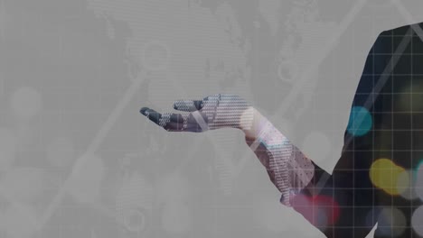 animación de un mapa del mundo giratorio sobre una mujer de negocios caucásica con la mano abierta extendida