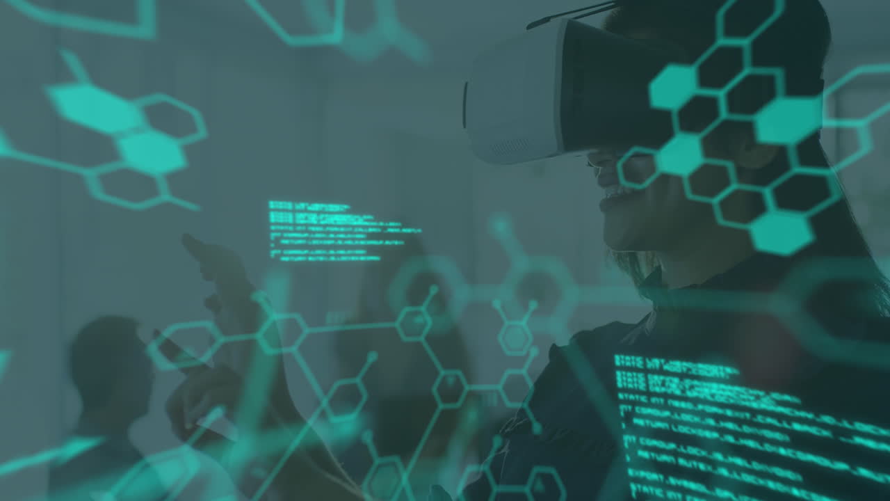 Animation of medical data processing over businesswoman wearing vr headset