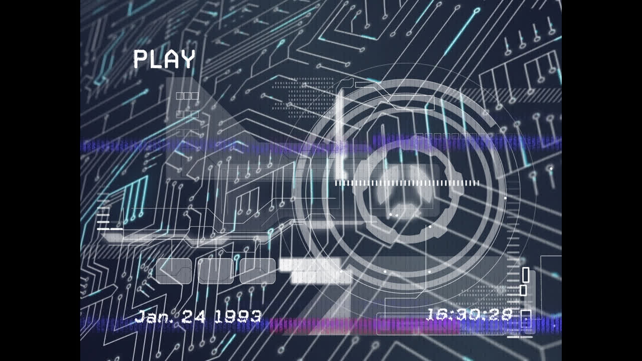 검은색 바탕에 스 스캔과 컴퓨터 회로판을 통해 간섭의 애니메이션