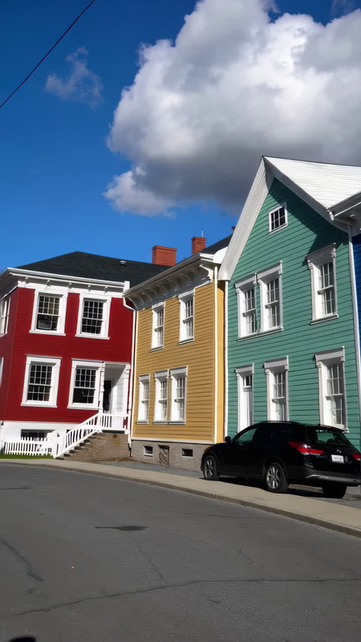 Vibrant Colorful Row Houses with Picket Fences and Gardens