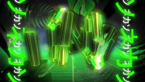 animation of green crystals and text over plants and shapes on black background