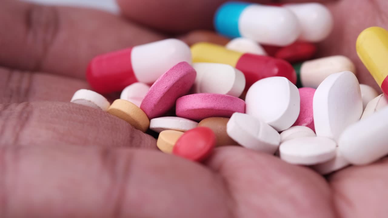 un puñado de pastillas y cápsulas variadas