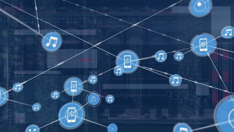 Animation-Eines-Verbindungsnetzwerks-Mit-Symbolen-Und-Datenverarbeitung-über-Computerserver