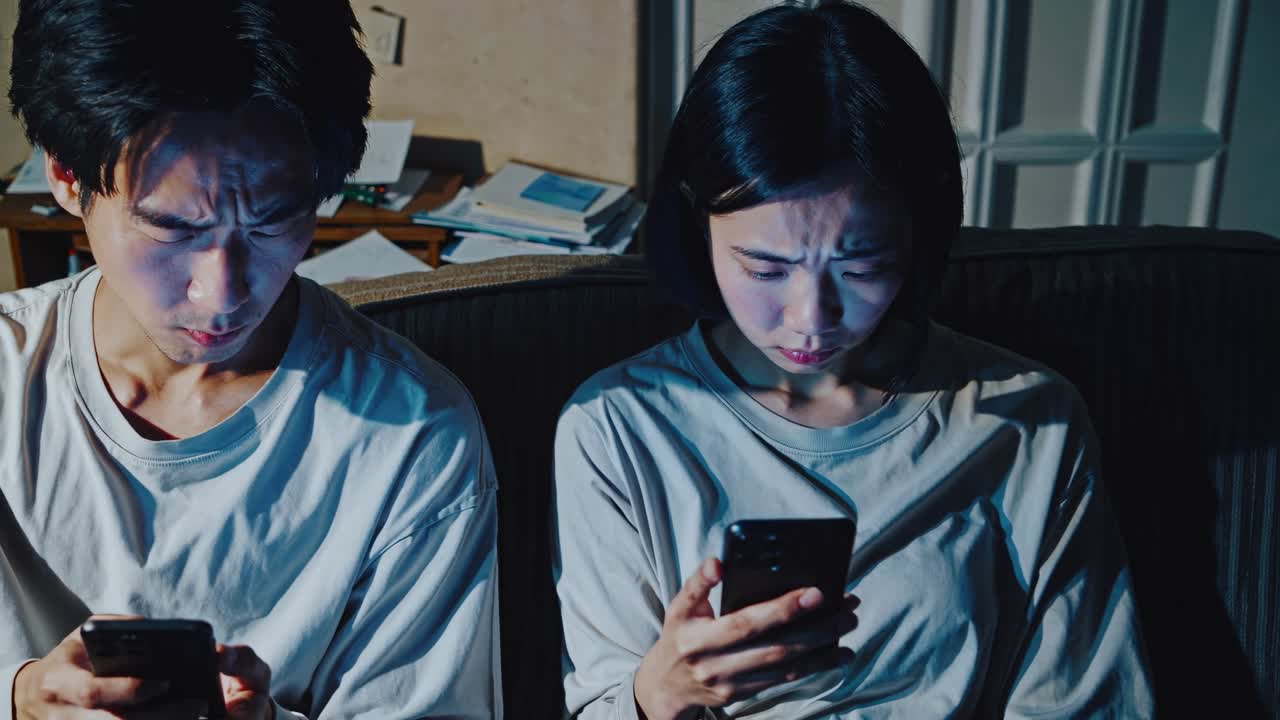 젊은 부부는 희미하게 밝은 방의 소파에 앉아 있으며, 둘 다 스마트폰에 몰두하고 긴장과 불안의 미묘한 표정을 나타니다.
