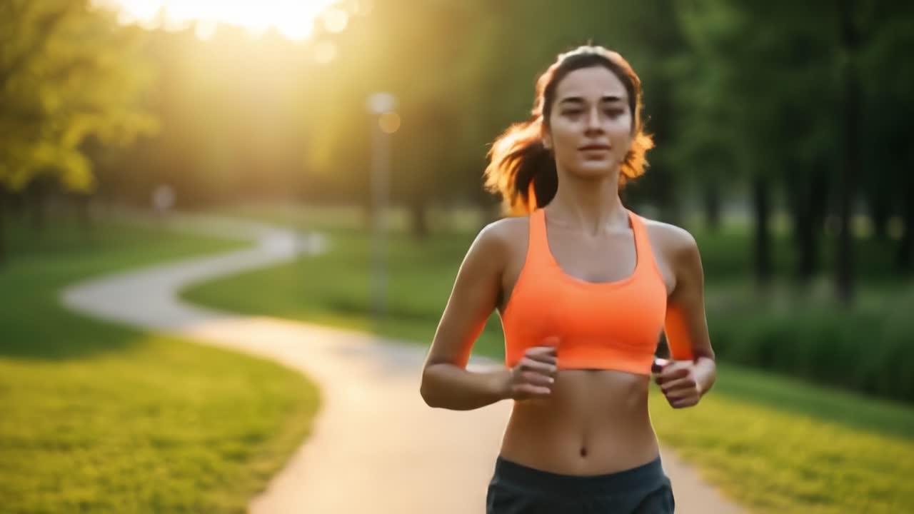 A Young Woman Jogging in a Scenic Park During Sunset, Embracing Fitness, Nature, and Wellness in a Bright Orange Sports Bra and Stylish Gray Shorts