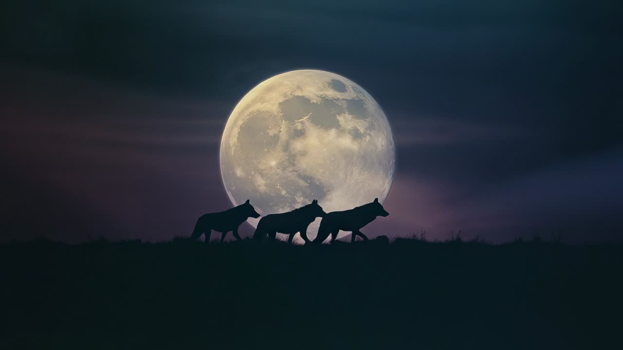 Signaling glowing full moon under night sky, three-wolf pack walking across ridge single file