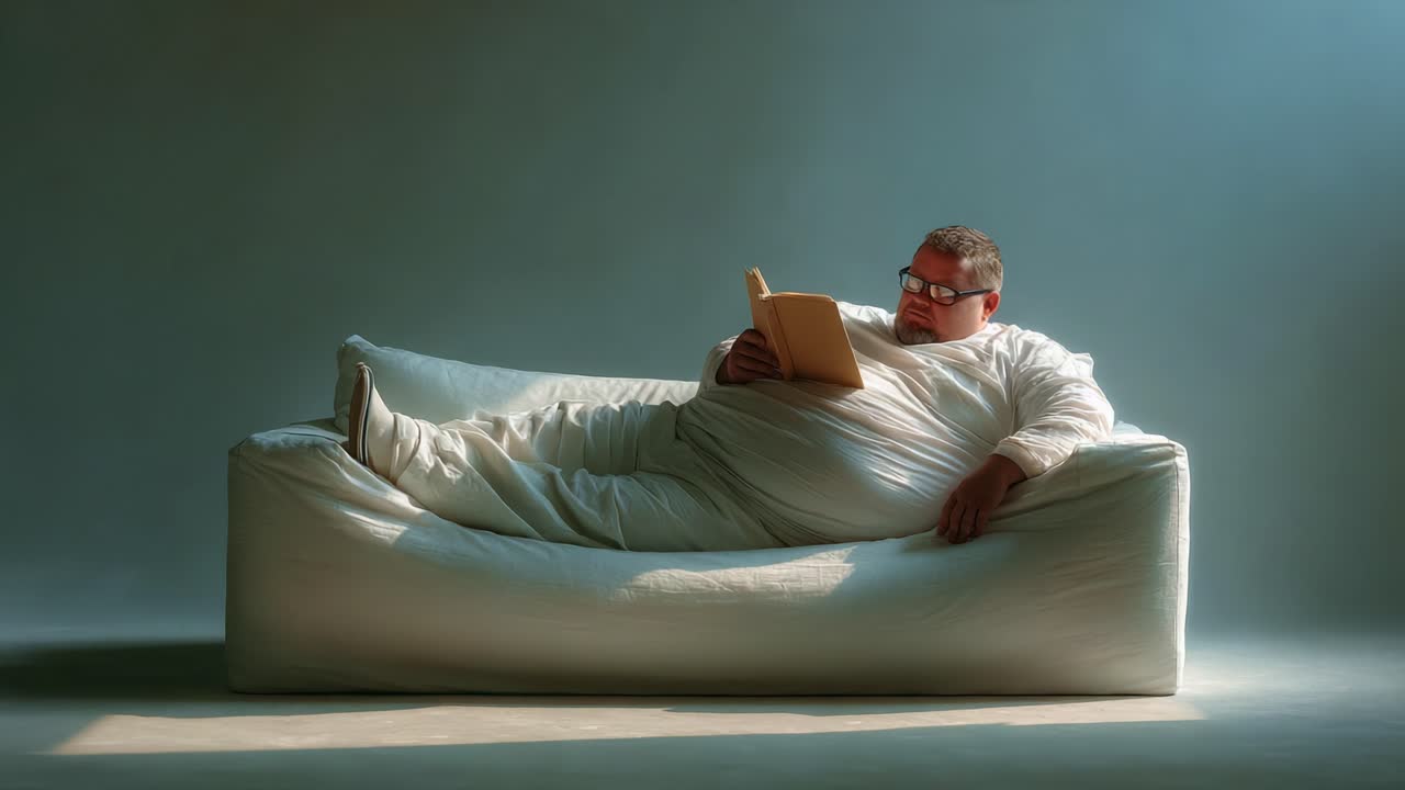 A Comfortable Reading Retreat: A Relaxed Individual Enjoys a Book on a Plush Sofa, Surrounded by Soft Light and Calm Atmosphere, Perfect for Leisurely Reading, Indulgence, and Relaxation